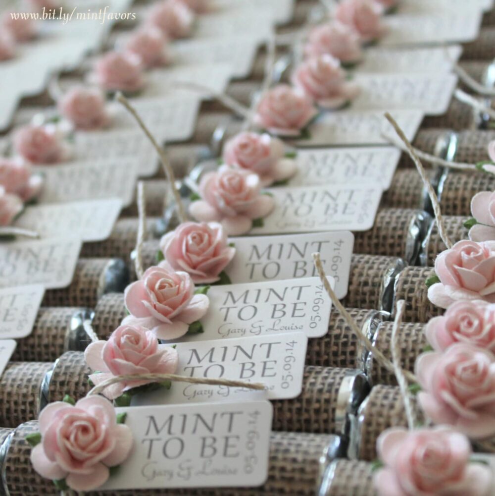 Mint Wedding Favors - Set Of 24 Mint Rolls "Mint To Be" Favors With Personalized Tag Burlap, Pale Pink, Rose, Rustic, Shabby Chic