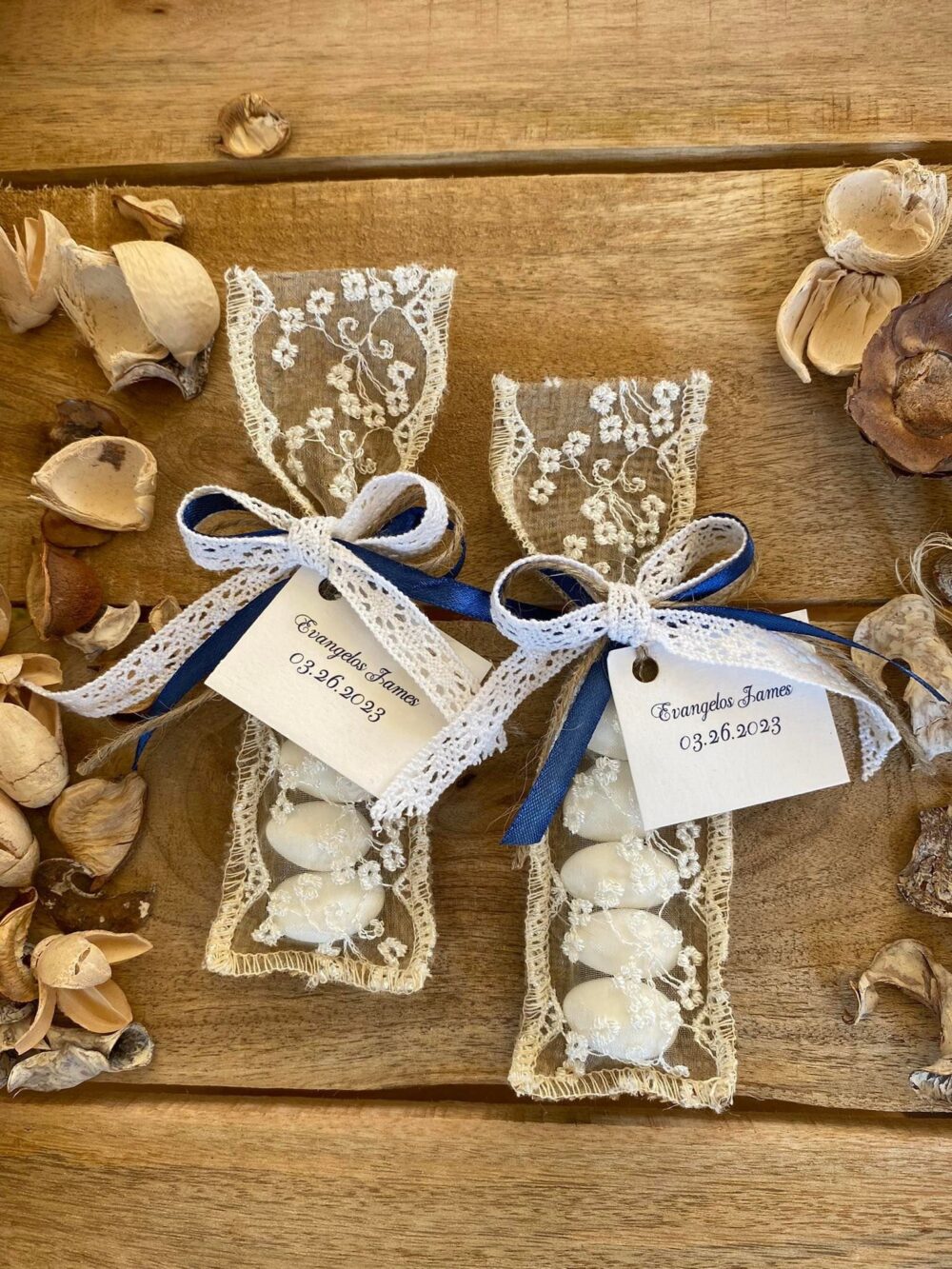 Personalized Romantic Burlap & Lace Wedding Favors For Guests With Tags, Baptism 1st Communion Christening, Dark Blue Guest Gift