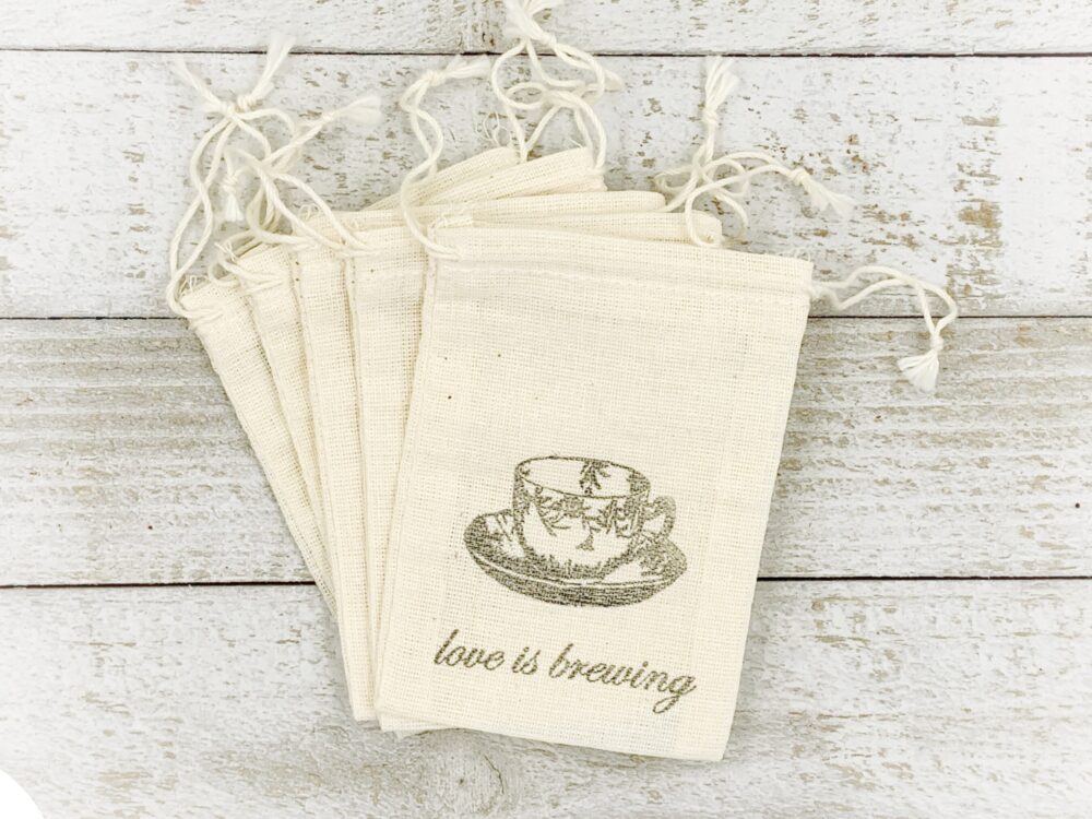 Tea Favor Bags For Wedding, Shower, Or Party - Hand Stamped Cloth Love Is Brewing With Teacup Design Favors