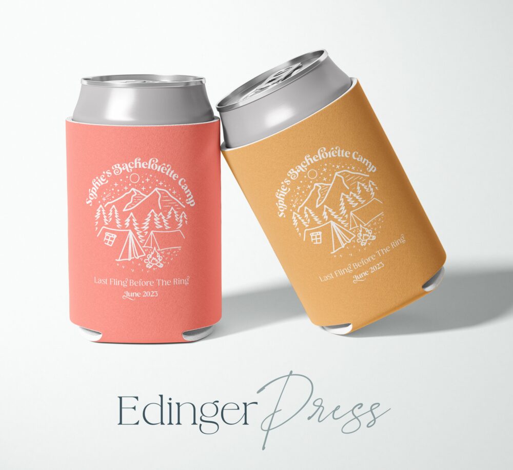 Custom Wedding Coolers, Personalized Can Cooler, Reception Favor, Mountains, Huggers, Collapsible Hugger