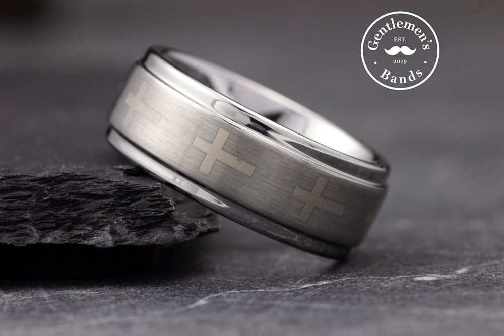 Mens Silver Cross Wedding Band, Ring, Laser Engraved Tungsten Carbide Engagement Anniversary Ring