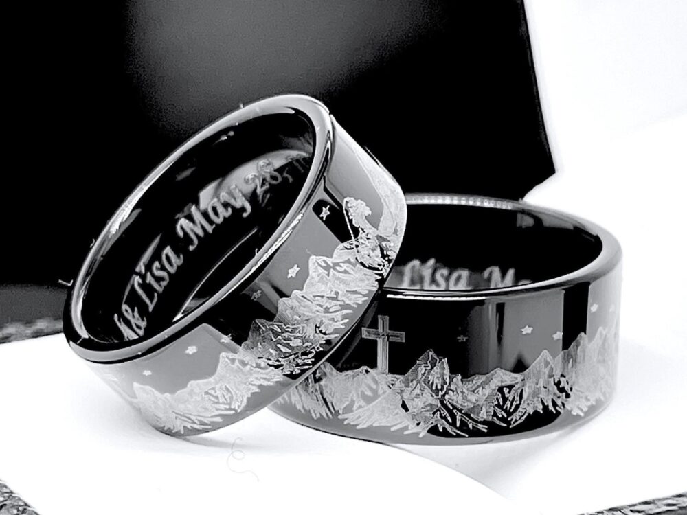 Black Tungsten Wedding Band | Mountain Range With Cross & Ocean Wave Pattern His & Hers Promise Ring Custom Engraved 8mm Durable