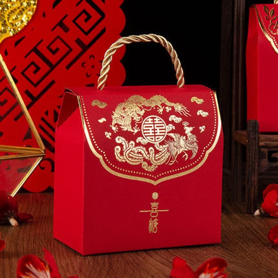 100 X Wedding Favor Box - Double Happiness With Dragon & Phoenix 2 Chinese S Red Or Burgundy
