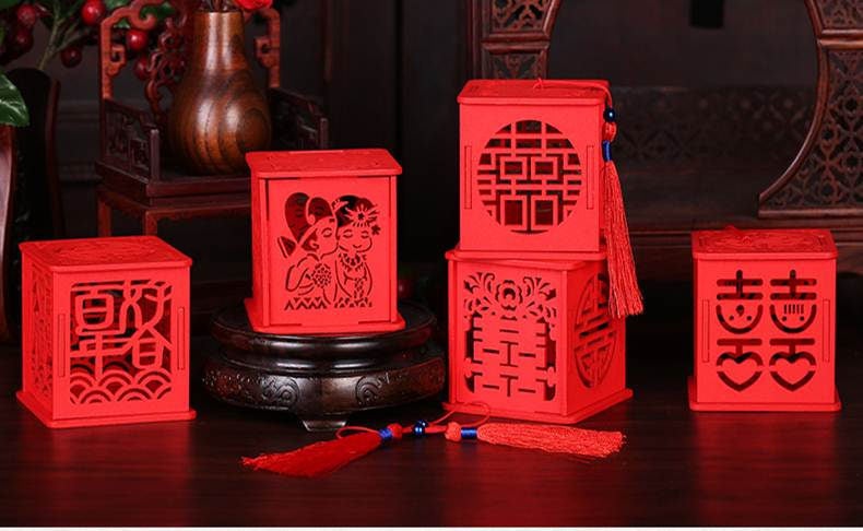 50 X Wood Wedding Favor Box 2 - Double Happiness in Laser Cutout Chinese Red 4 Designs