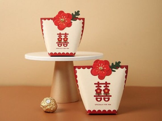 100 X Wedding Favor Box - Modern Chinese Double Happiness Red Floral Pattern Small