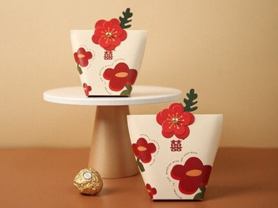 100 X Wedding Favor Box - Modern Chinese Double Happiness Red Floral Pattern 2 Small