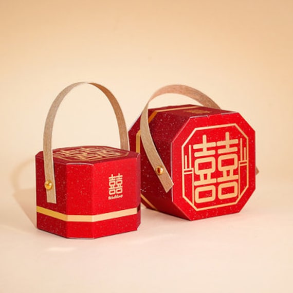 100 X Octagon Wedding Favor Box - Double Happiness Chinese Red/Burgundy