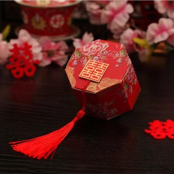 50 X Octagon Wedding Favor Box - Double Happiness With Chinese Peony Red