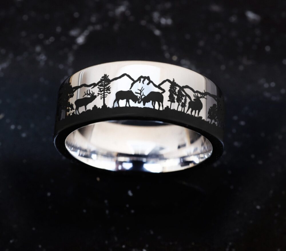 Antler Ring, Elk Wedding Bands, Elks in Mountains Forest Landscape, Hunter Band, Moose Wilderness Deer Ring
