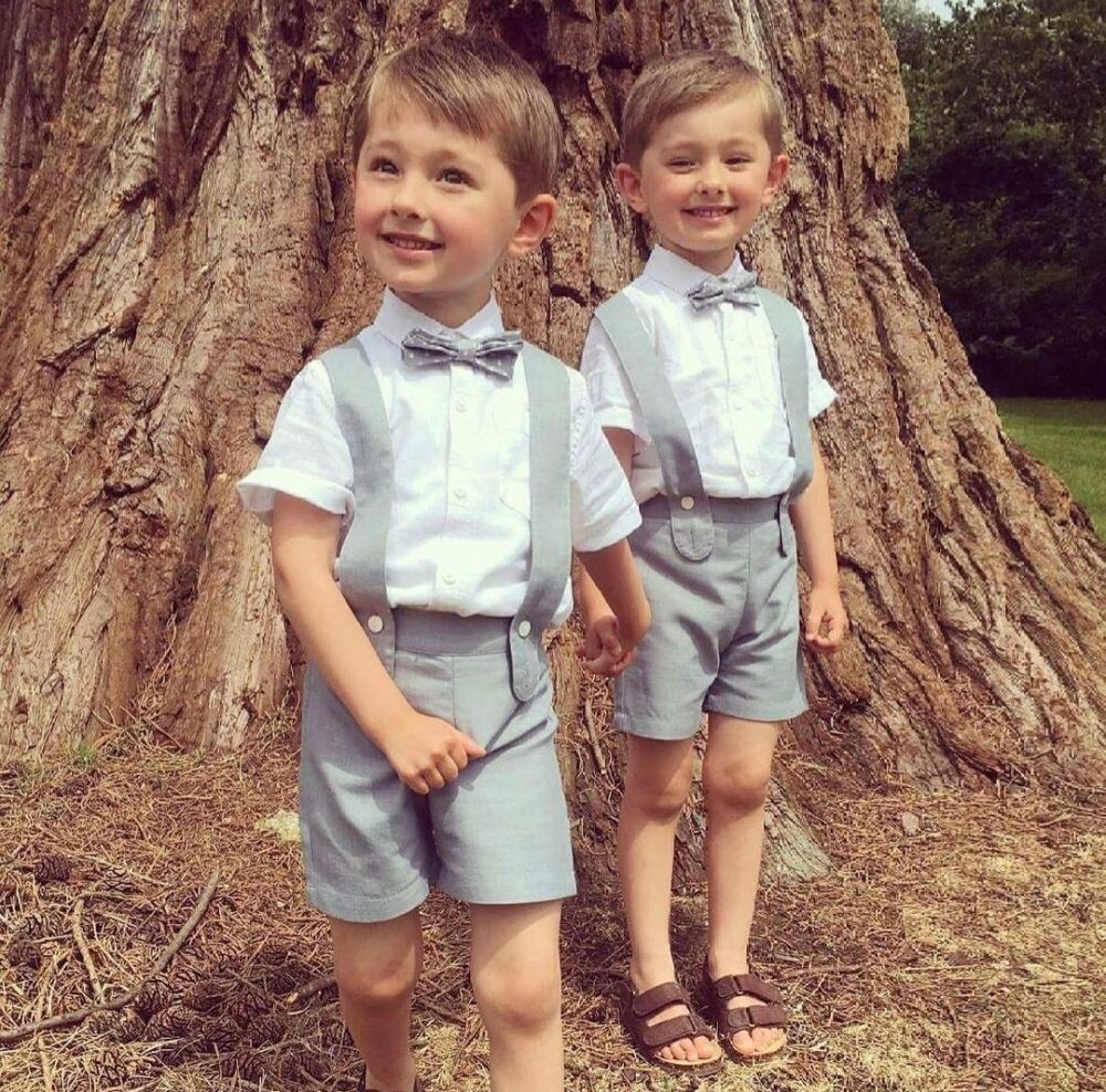 3Pcs. Ring Bearer Suit | Page Boy Outfit Christening Baptism Shorts With Suspenders Linen Blend