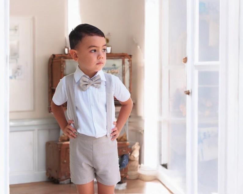 3Pcs. Ring Bearer Suit | Page Boy Outfit Christening Baptism Shorts With Suspenders Linen Blend