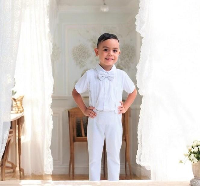 3Pcs. Ring Bearer Suit | Page Boy Outfit Baptism Pants With Suspenders Linen Blend