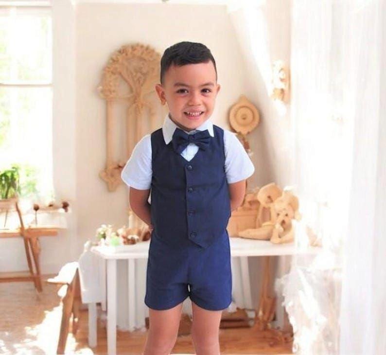 4Pcs. Ring Bearer Suit | Page Boy Outfit Baptism Shorts With Suspenders Linen Blend