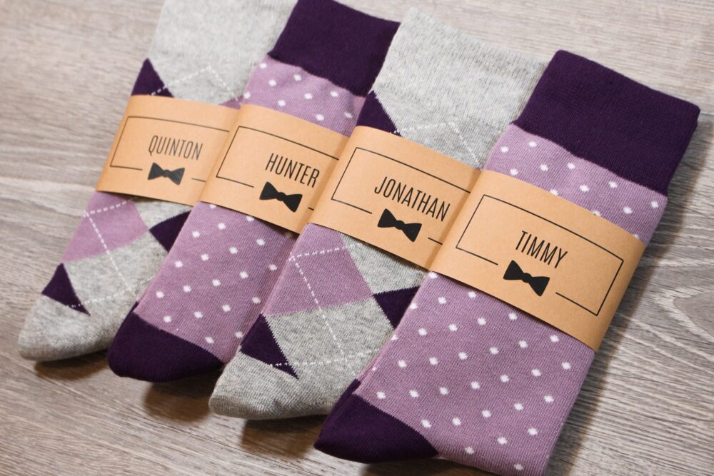 Purple Lavender Personalized Groomsmen Socks | Matching Colors, Men's Size 7-12 Groomsman Gift Idea, Wedding Socks, Custom Sock Labels