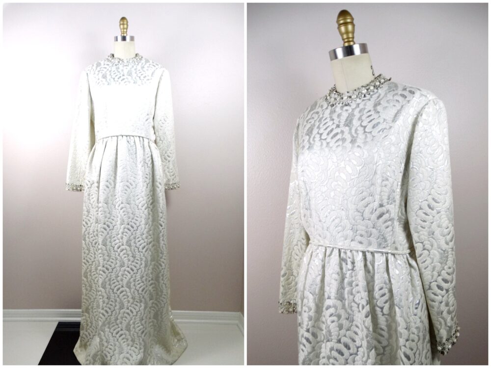 50S Metallic Silver Dynasty Wedding Gown // 1950S 1960S Gray & White Rhinestone Embellished Hostess Dress