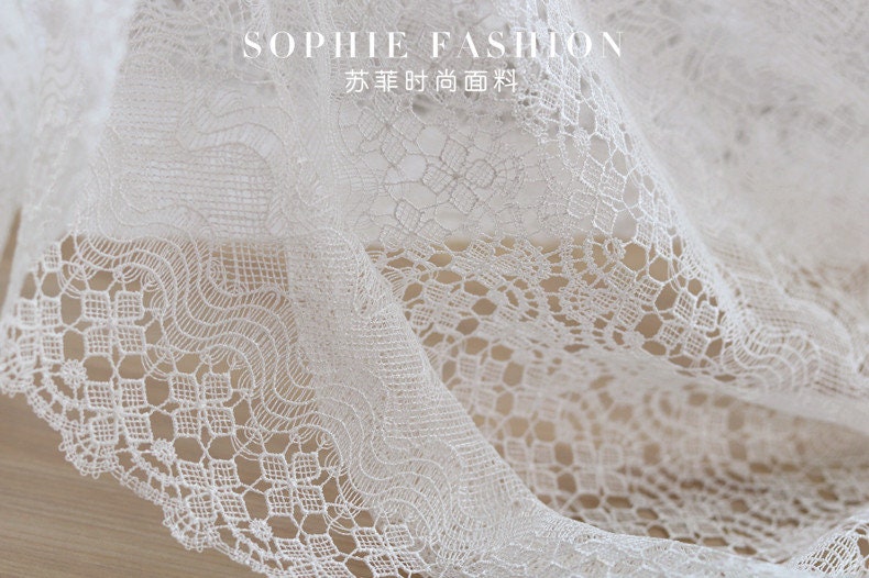 1 Yard Off White Crochet Guipure Lace Fabric With Rose Flower Floral Emrboidery For Wedding Gown, Caps Prom Dress