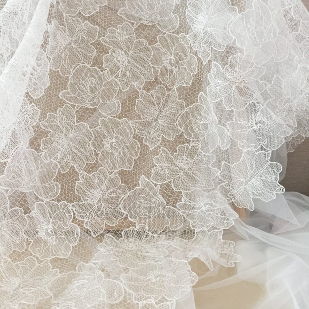 1 Yard Off White Alencon Lace Fabric With Rose Flower Floral Emrboidery For Wedding Gown, Caps Prom Dress