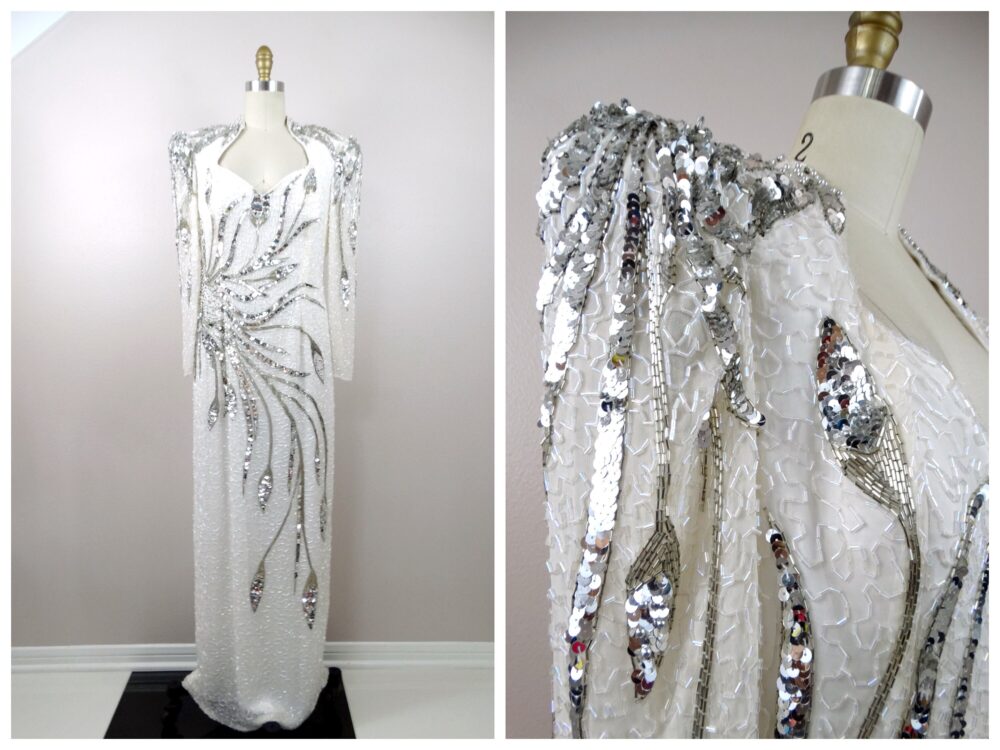 Heavy Crystal Beaded Wedding Gown // 80S 90S Vintage White & Silver Sequined Bridal Dress Braxae