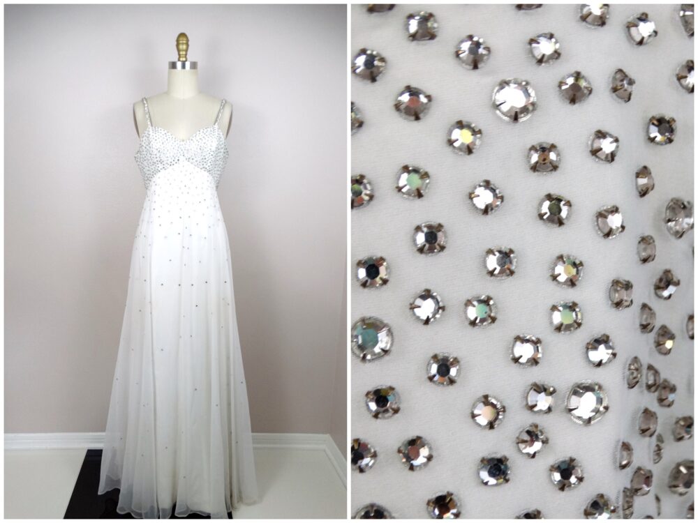 70S Vintage Couture Crystal Wedding Gown // Rhinestone Diamond Encrusted Flowy Sheer White Chiffon Beaded Dress 1970S Bridal