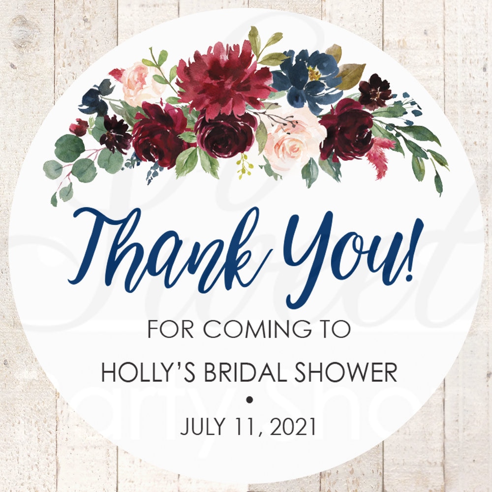 Wedding Favor Stickers, Thank You Sticker Labels, Bridal Shower Favors Burgundy Navy Blue Floral - Set Of 24