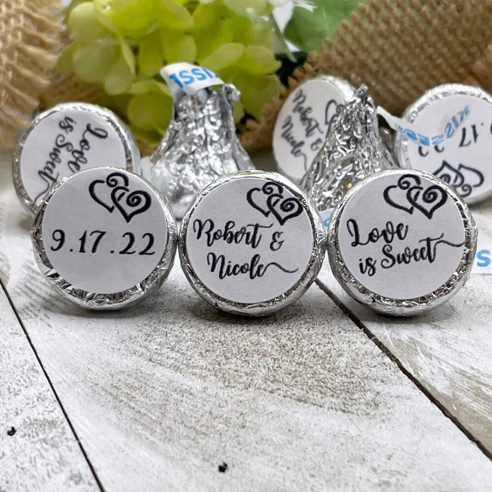 Heart Wedding Favor Stickers/ Chocolate Candy Custom Kisses Labels/ Personalized