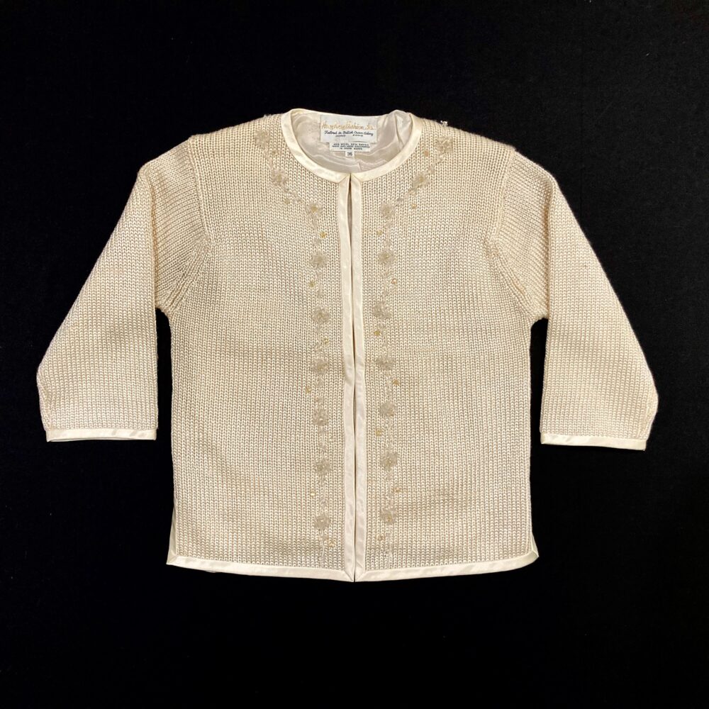 Beaded Cardigan Sweater - Hong Kong Fashion, Vintage 50's, Women's Size Small Wool Rayon Blend Hand Decorated Sequins & Beads British