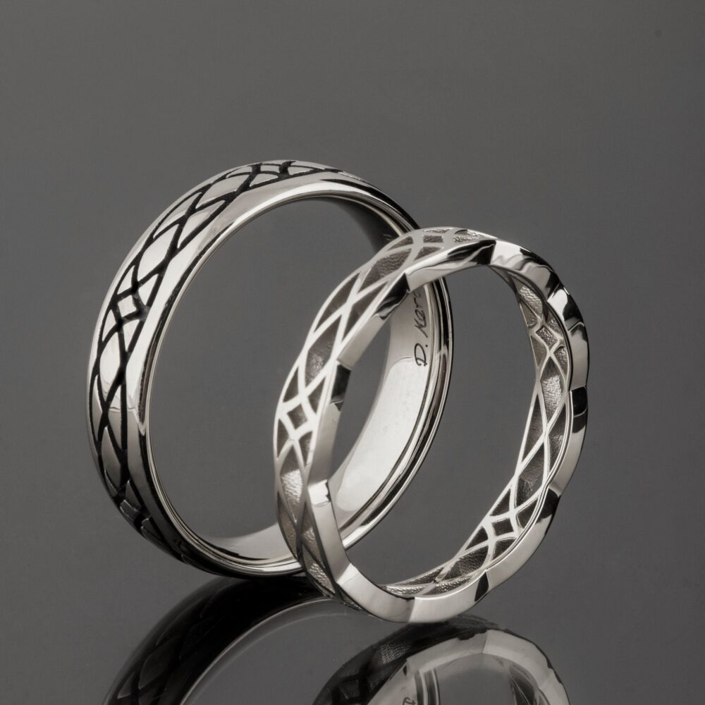 White Gold His & Hers Wedding Rings, Celtic Band Set, Positive Negative Bands
