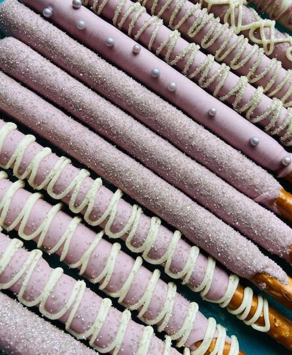Gourmet Lavender Silver Chocolate Covered Pretzels Rods Drizzle Pearls Glitter Crystal Decor Wedding Bridal Baby Shower Favor Christening