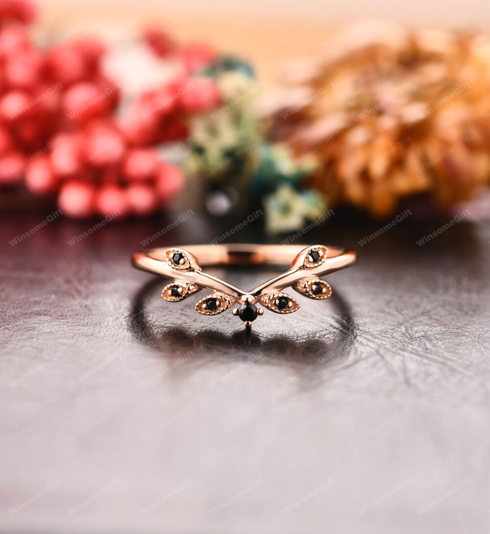 Leaf Shape Band, Black Simulated Diamond Curved Wedding 14K Rose Gold Stone Ring, Anniversary Rings Gift, Promise Ring