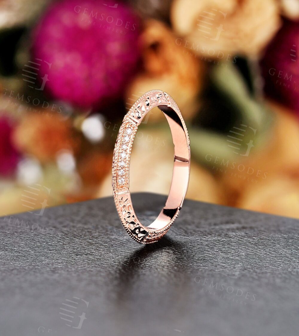 Vintage Round Shape Moissanite Wedding Band Rose Gold Diamond Ring Milgrain Promise Bridal Matching Anniversary