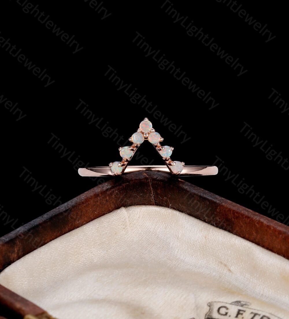 Vintage Curved Wedding Band Rose Gold Opal Ring Unique Art Deco Stacking Matching Antique Gift For Bridal Jewelry Anniversary