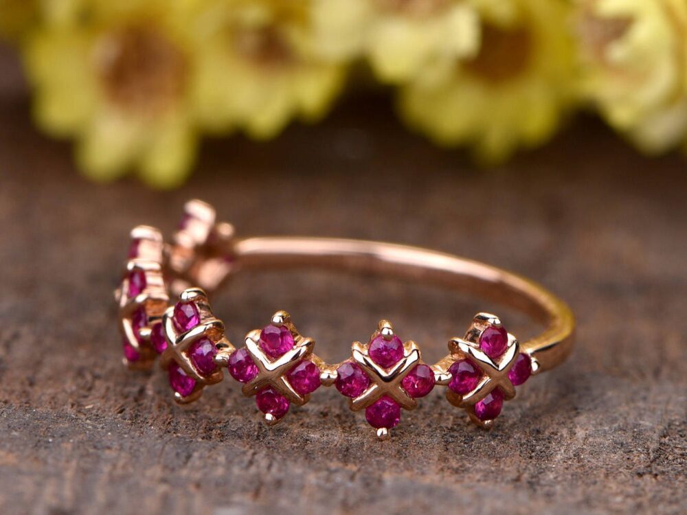 Unique Ruby Engagement Ring Wedding Band Rose Gold Bridal Ring Half Eternity Ruby Stackable Anniversary Gifts