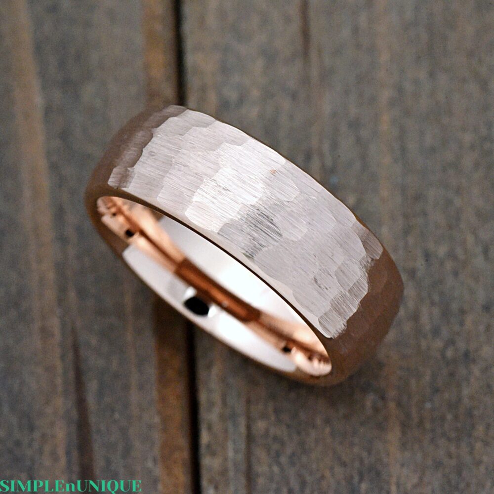 Dome Rose Gold Plated Tungsten Carbide Ring Hammered 8mm Engraved Wedding Band Comfort Fit Promise Anniversary Gift
