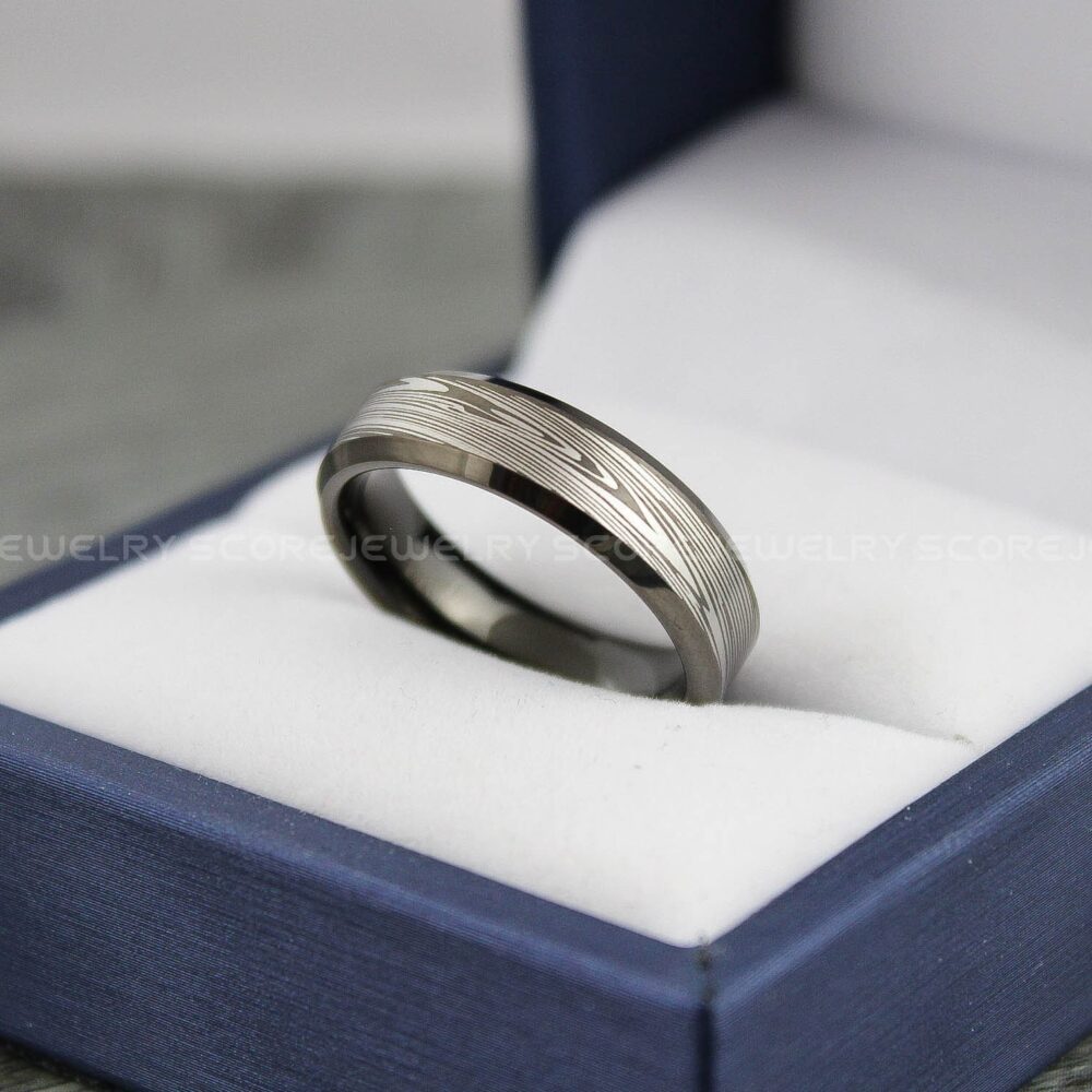 Damascus Steel Ring, 6mm Black Tungsten Band With Beveled Edge Pattern Laser Engraved, Wedding Ring