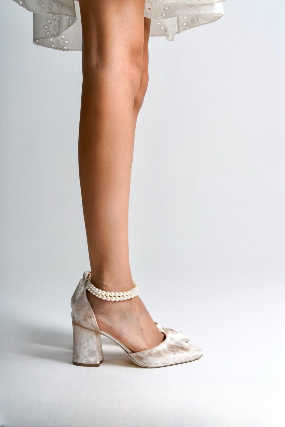 Beige Velvet Shoes, Wedding Cream High Heels, Block Bridal Heels