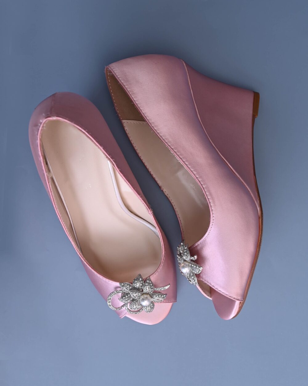 Light Pink Wedge Wedding Heels, Blush Bridal Shoes, Crystal Flower Bling