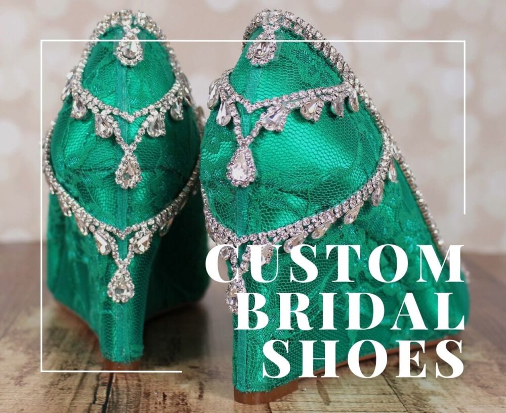 Custom Bridal Shoes, Emerald Wedding Green Bride Wedges, Lace Silver Crystal Wedges