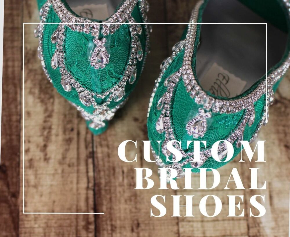 Custom Bridal Shoes, Emerald Wedding Green Bride Wedges, Lace Silver Crystal Wedges