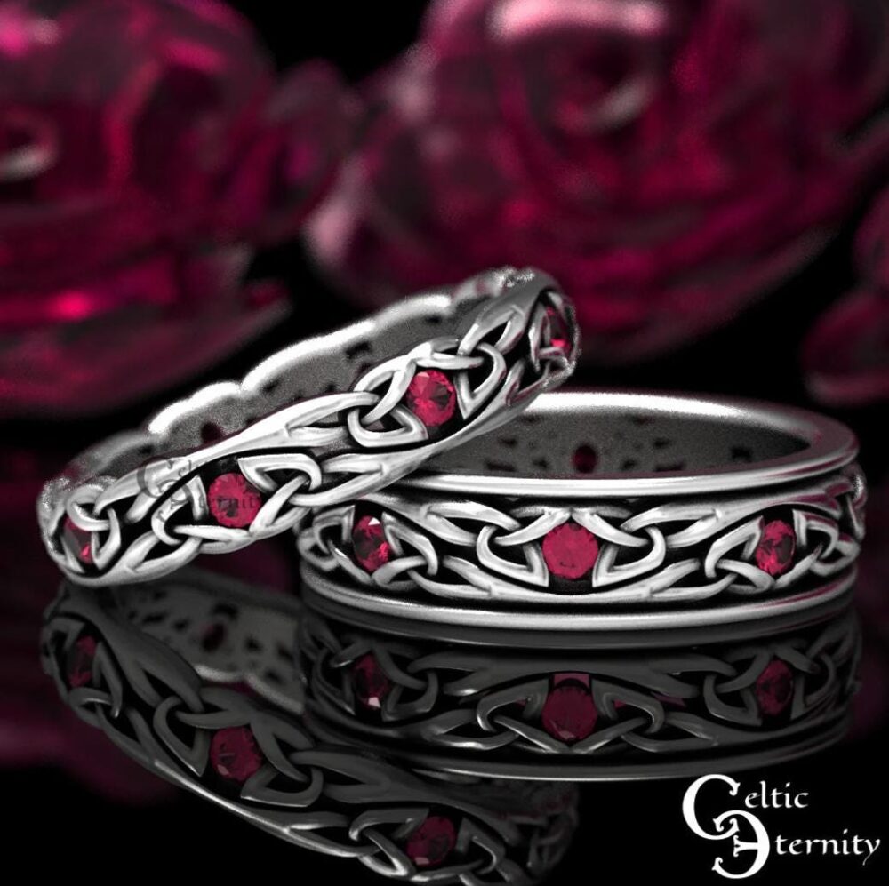 sterling With Rubies Wedding Band Set, Narrow Celtic Rings, Ruby Handfasting Ring His & Hers Irish Ceremony 1467 1469
