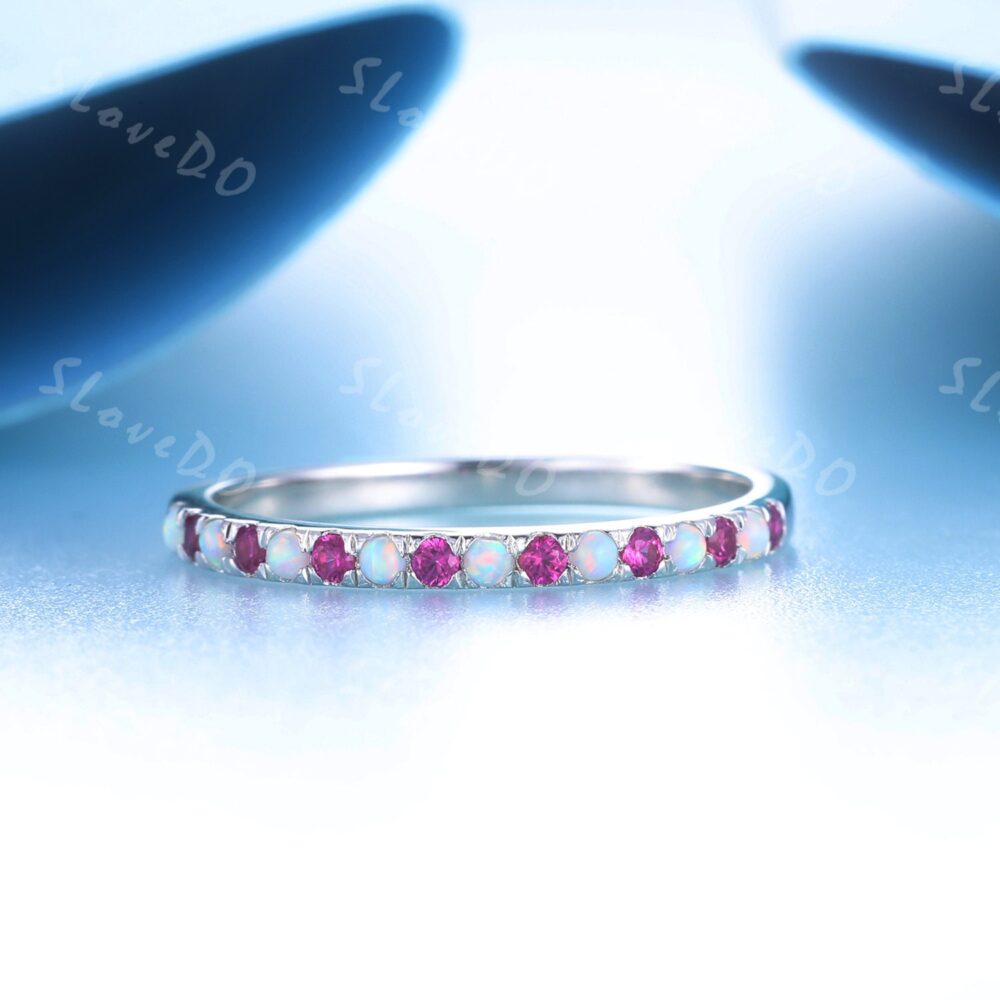 Opal Ruby Wedding Ring, Opal Band, White Gold Ring For Women, Ruby Ring, July Birthstone, Muti Gem Stacking Matching Band, Gift For Her