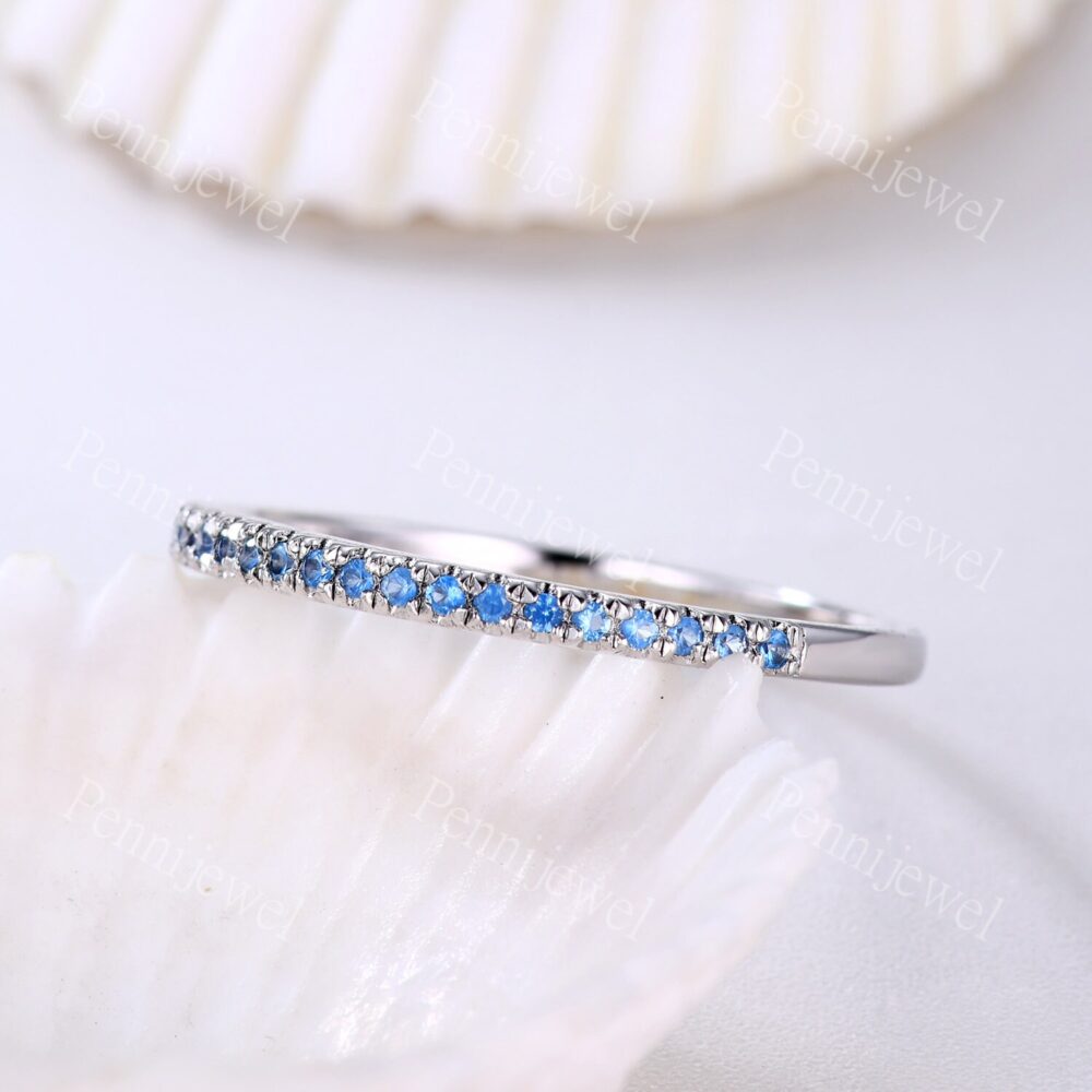 Half Eternity Blue Topaz Wedding Band, Anniversary/ Birthday Gift For Her, Engagement Stacking Matching Band, Thin Band Pave, Blue Ring