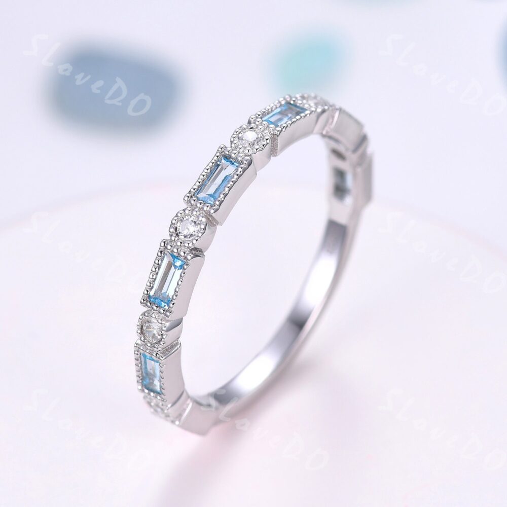 Vintage Baguette Cut Blue Topaz Ring, Swiss Jewelry, 3/4 Eternity, Topaz Diamond Wedding Band, White Gold, Anniversary Gift For Her