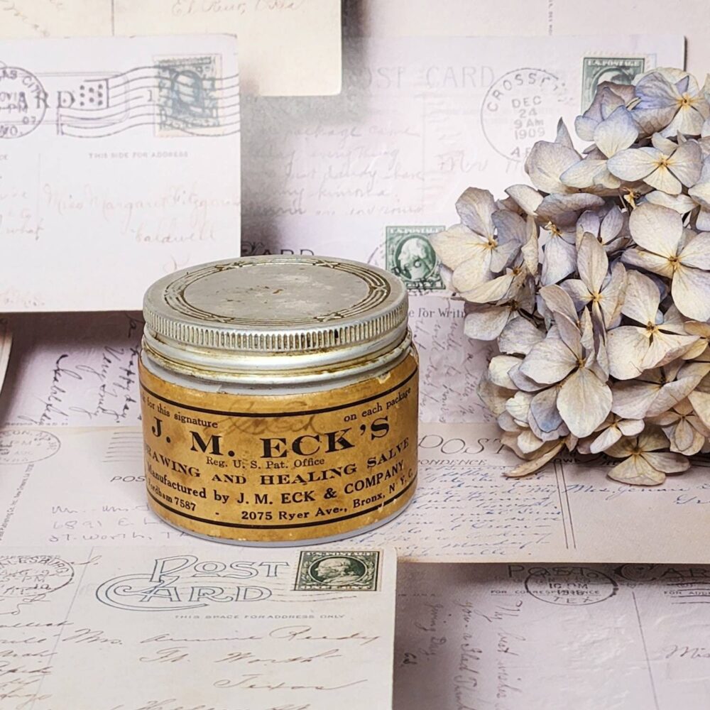 Hazel Atlas Milk Glass Apothecary Jar - J M Eck's Drawing & Healing Salve Pharmacy Advertising Bronx Ny