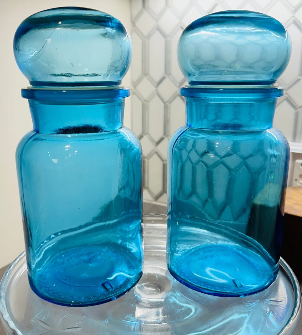 Vintage Glass Apothecary Jar Blue Belgium Containers Mcm