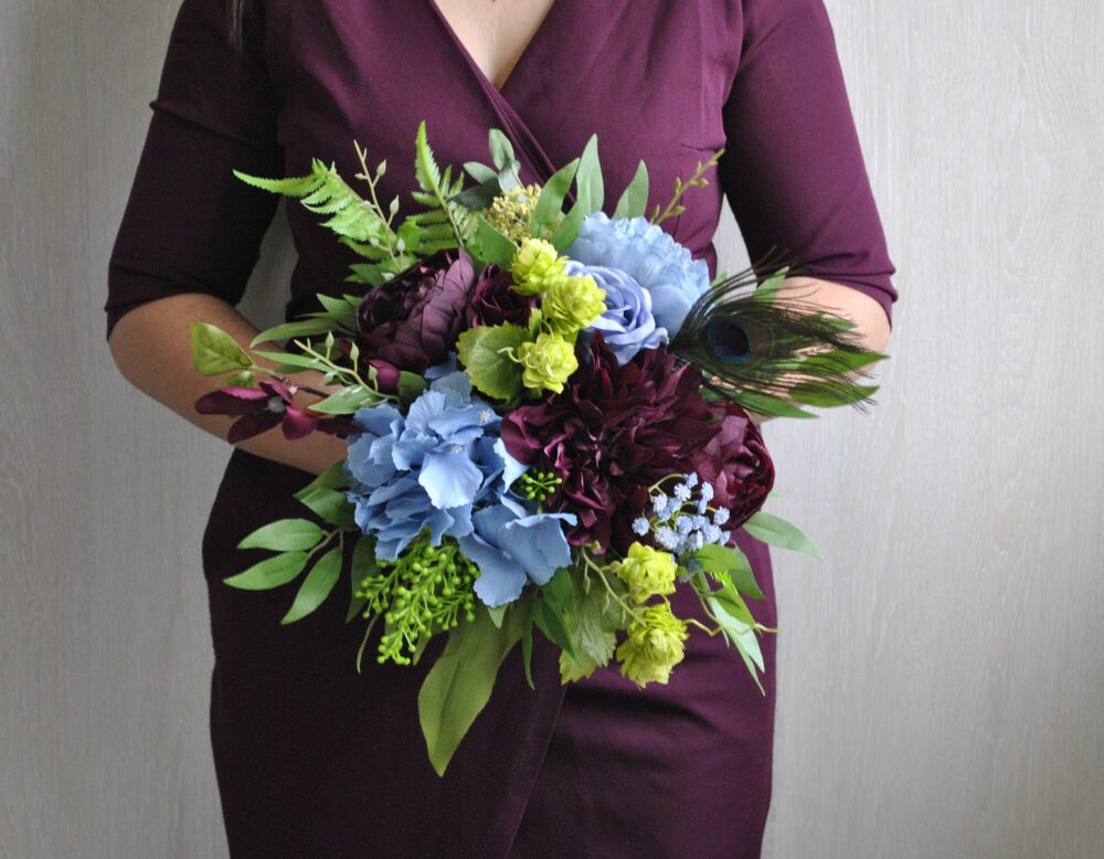 Burgundy Blue Wedding Bouquet, Peacock Feather Bridal Beer Hops Bouquet