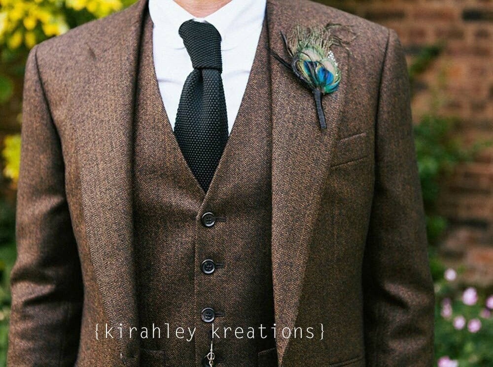 Peacock Feather Boutonniere | Groom Wedding Lapel Pin Great Gatsby Prom Corsage Groomsmen Buttonhole Guinea Teal Blue Green Black