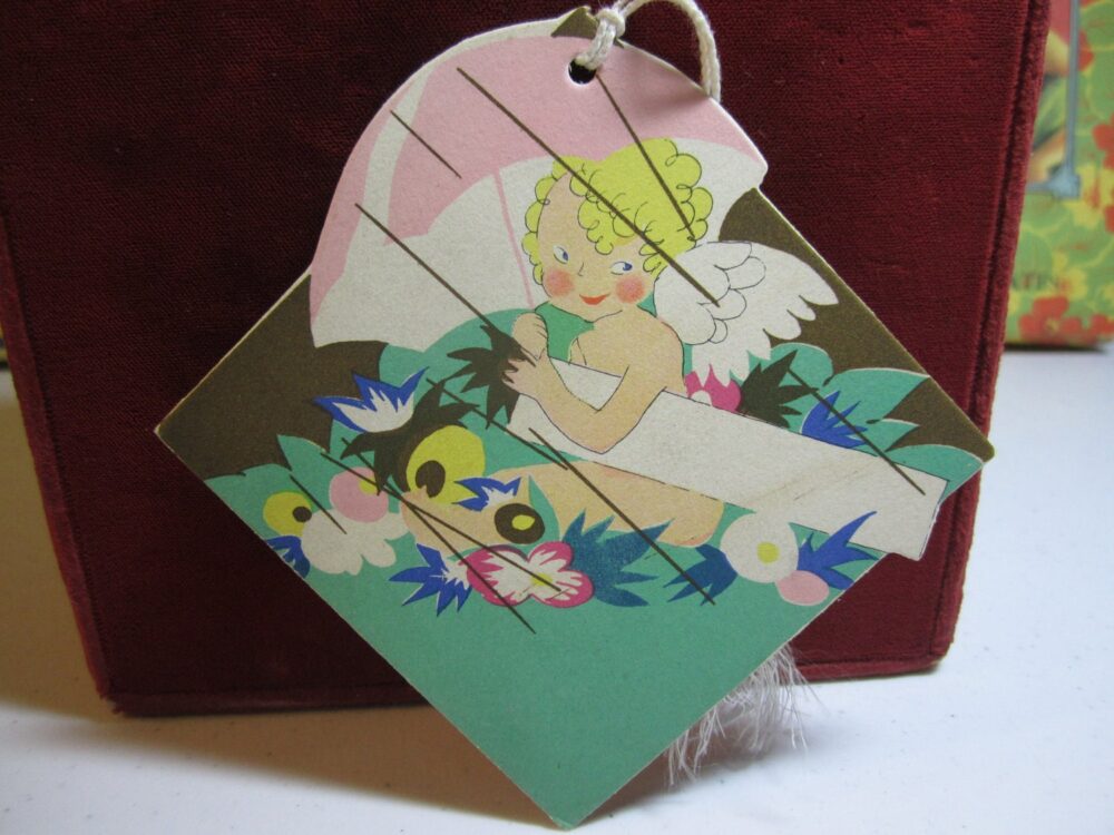 1920's Art Deco Die Cut Combination Bridge Tally Place Card Cupid Holding Umbrella For Wedding Shower Theme Buzza Unused