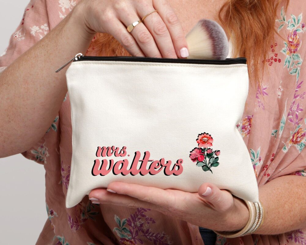 Spring Wedding Gift, Personalized Bride Retro Bachelorette, Floral Bag, Pink Wedding, Makeup To Be