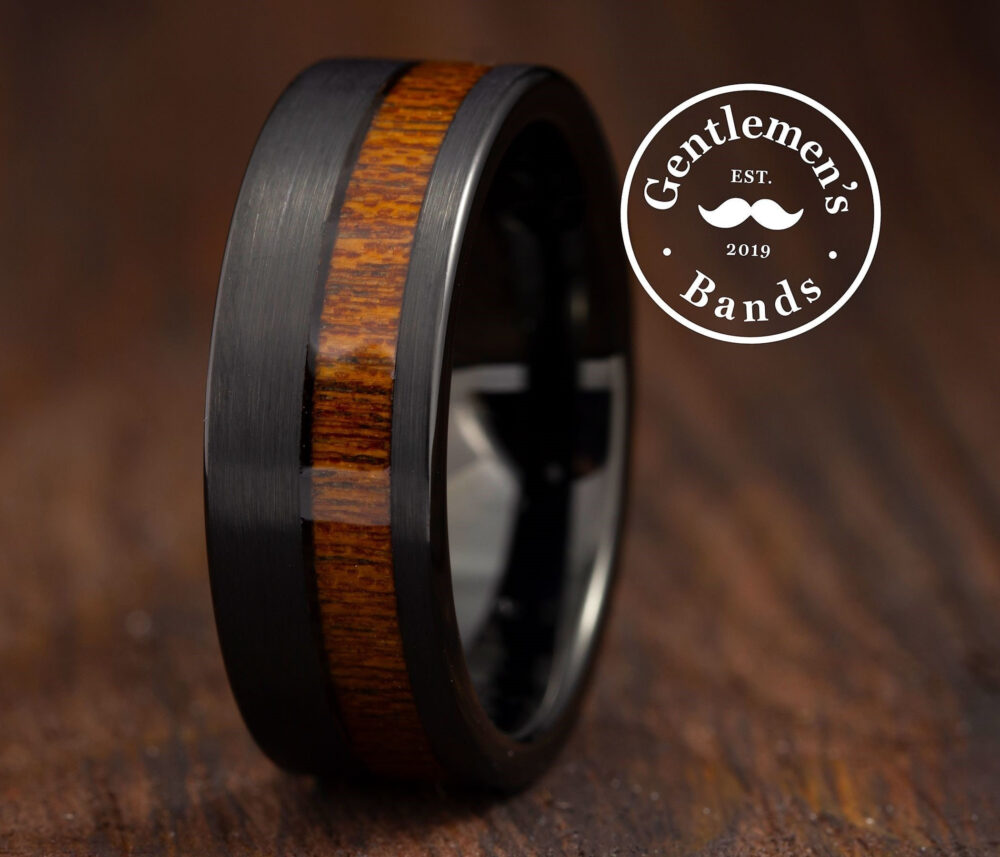Mens Black Wedding Band, Koa Wood Ring, Guys Engagement Promise Husband Anniversary Gift