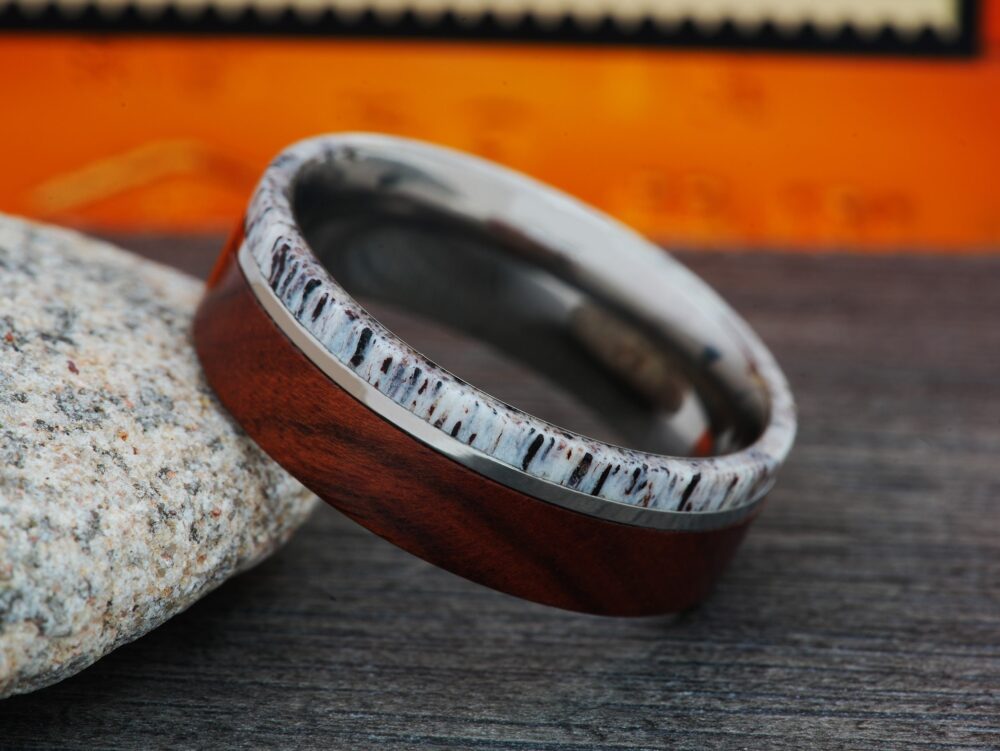 Mens Wedding Band, Unique Wood Ring, Titanium Antler 8mm Anniversary Gifts